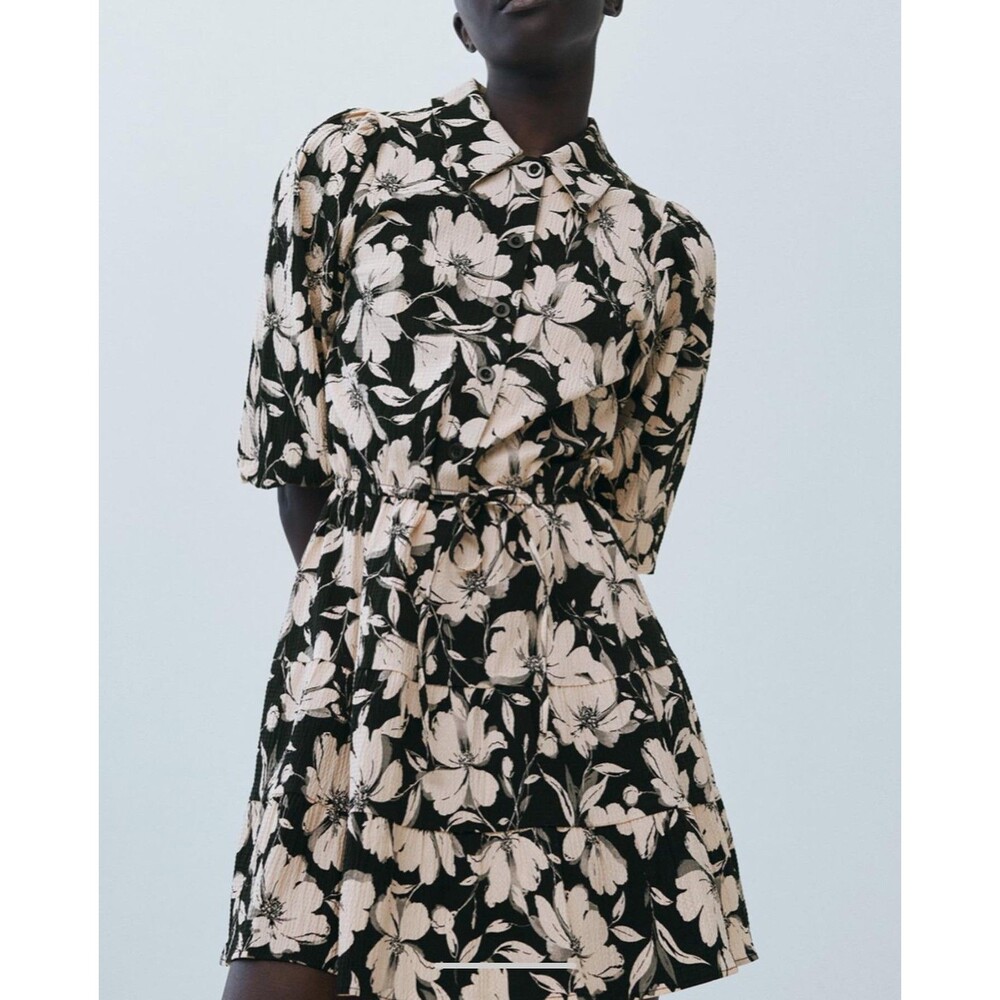 Zara Floral Textured Seersucker Tiered Shirt Dress Womens M Black Cream Stretch